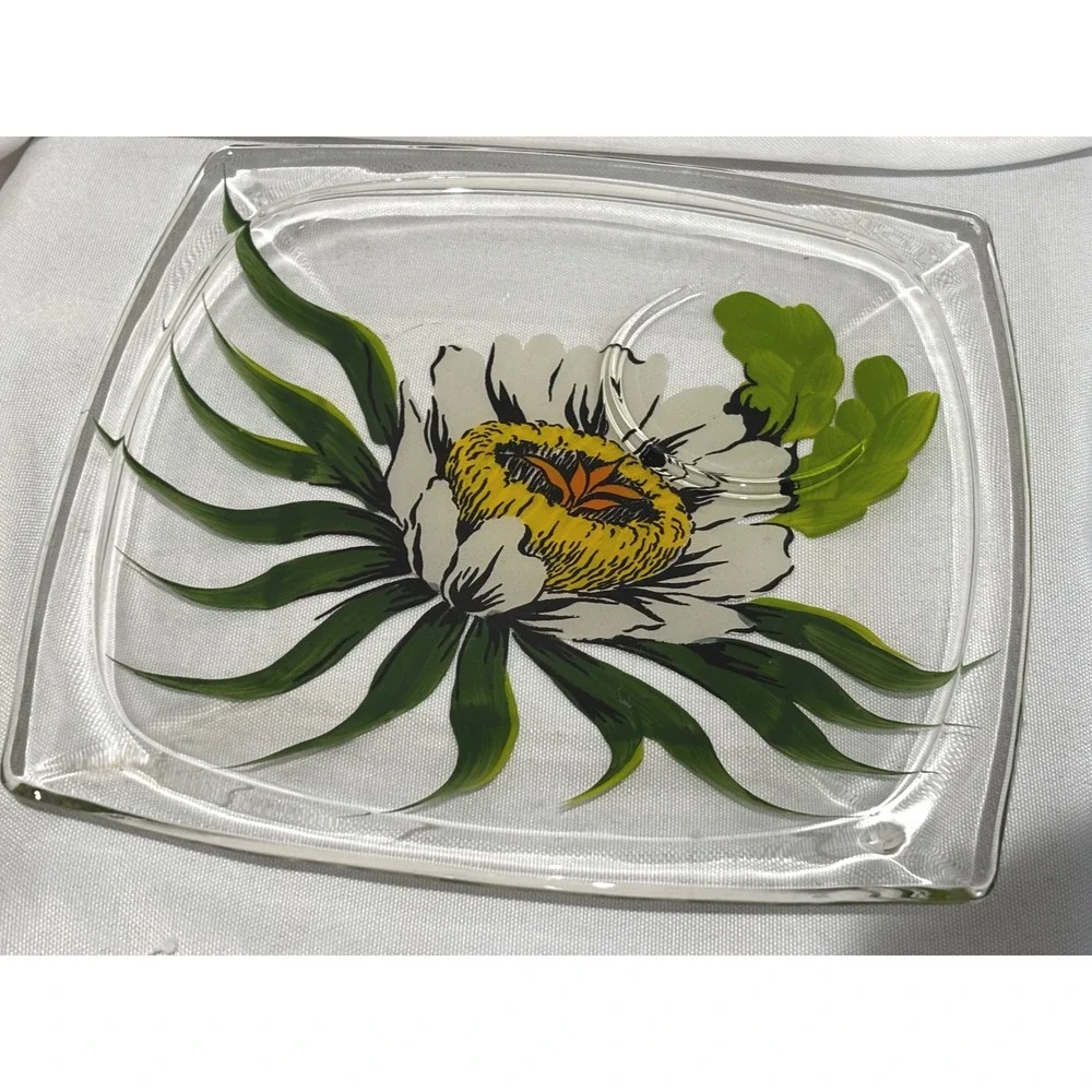 2 Vintage Hand Painted Floral Glass Plates Square cup holder‎ MCM Garden Party
